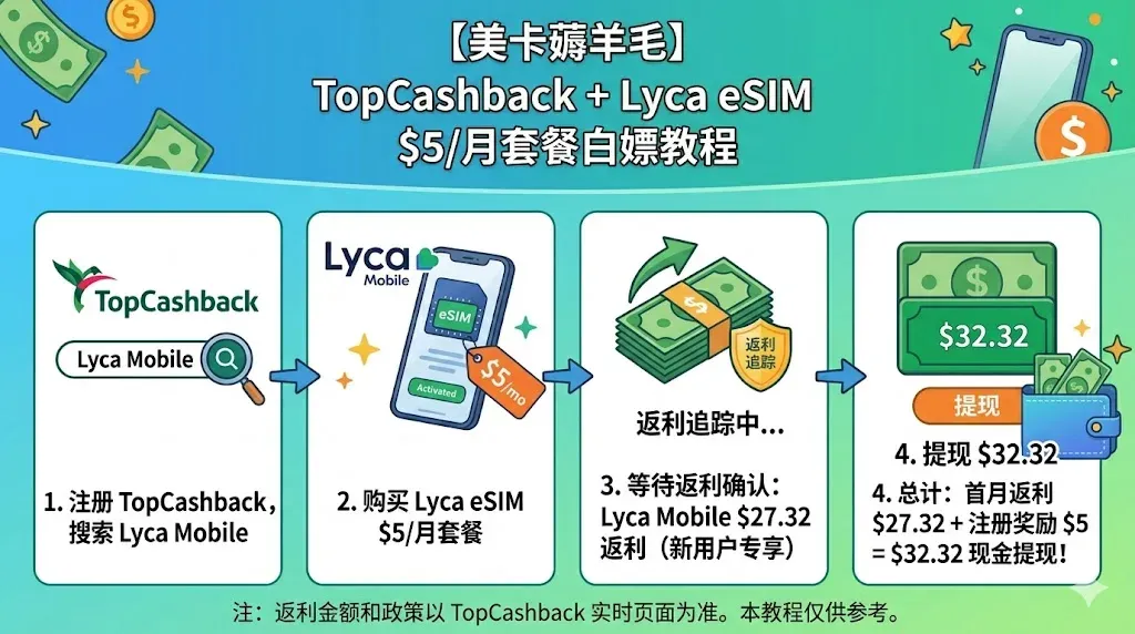 通过TopCashback + Lyca eSIM，白嫖$5/月套餐及返现$32.32图 1