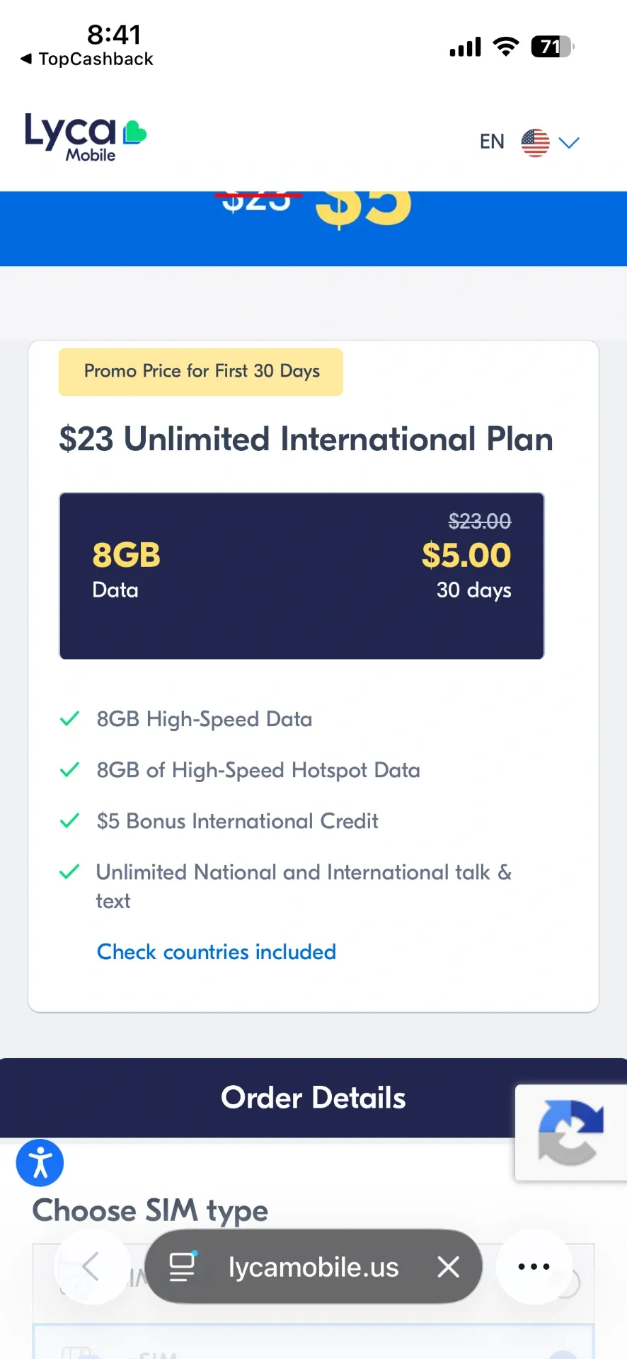 通过TopCashback + Lyca eSIM，白嫖$5/月套餐及返现$32.32图 3