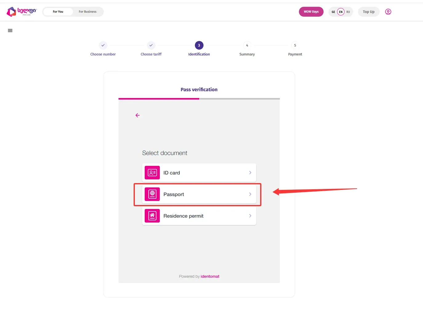 Cellfie KYC 页面：Identification 步骤，Pass verification 下 Select document，Passport 被红框选中